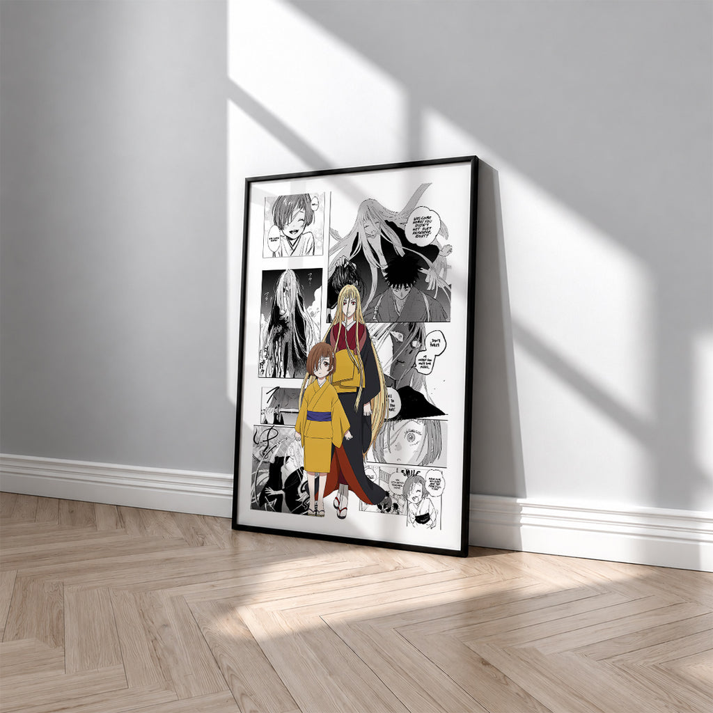 Suzune manga poster inspired by Sword of the Demon Hunter: Kijin Gentosho in a black frame against a light gray wall