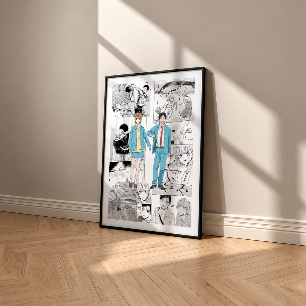 Taiki Inomata and Chinatsu Kano manga poster inspired by Blue Box in a black frame against a warm beige wall