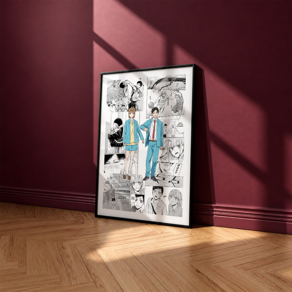 Taiki Inomata and Chinatsu Kano manga poster inspired by Blue Box in a black frame against a burgundy wall