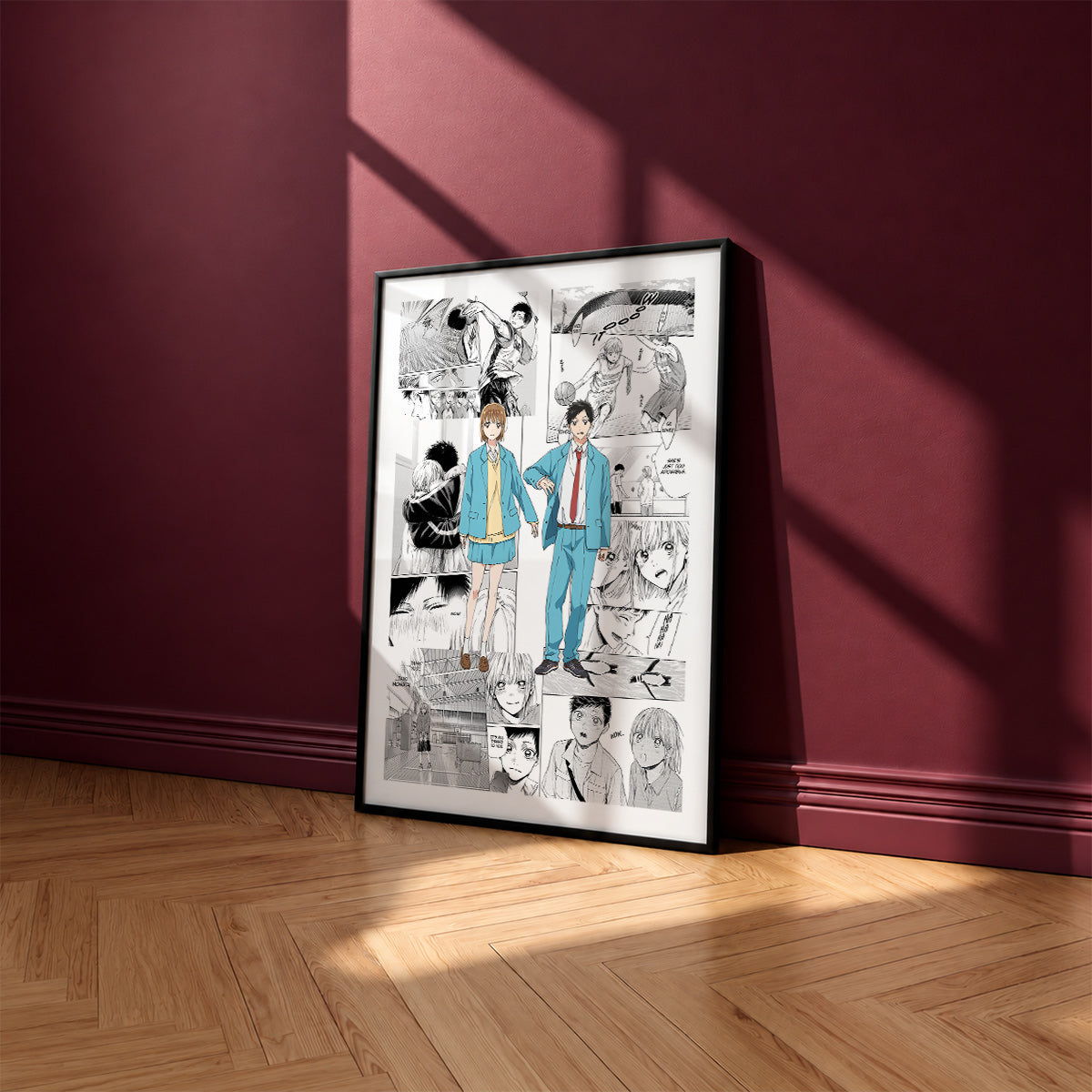 Taiki Inomata and Chinatsu Kano manga poster inspired by Blue Box in a black frame against a burgundy wall