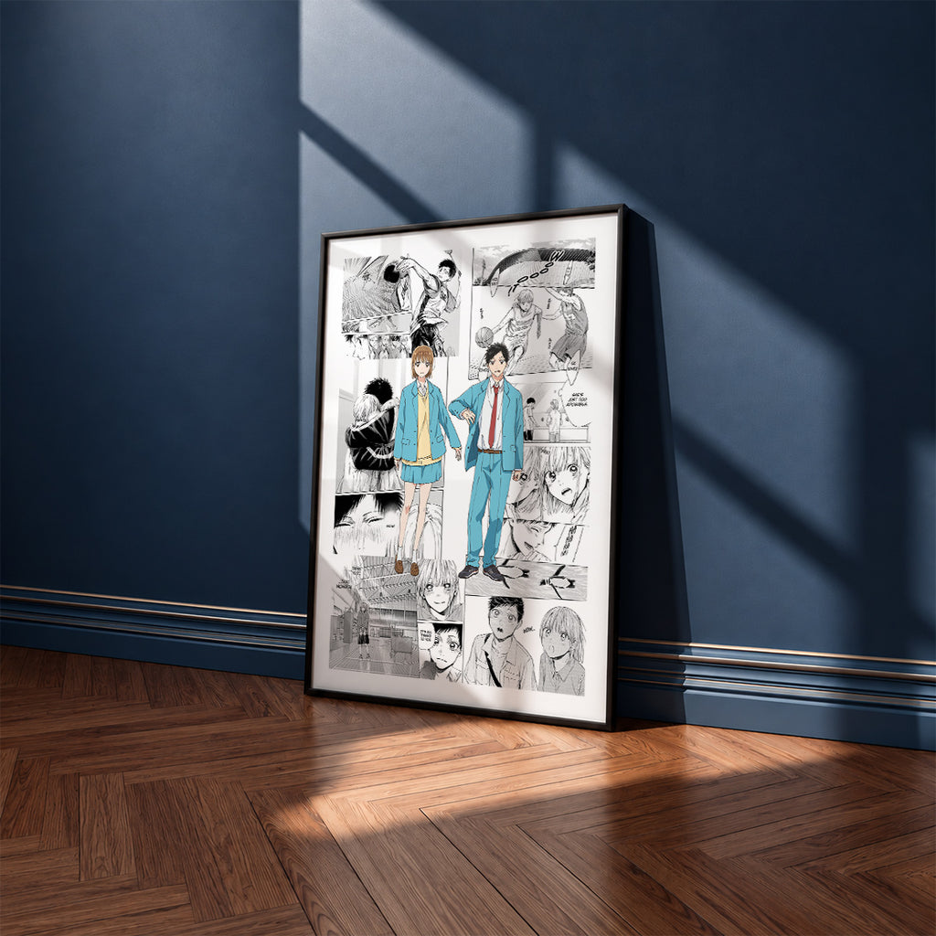 Taiki Inomata and Chinatsu Kano manga poster inspired by Blue Box in a black frame against a navy blue wall