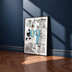 Taiki Inomata and Chinatsu Kano manga poster inspired by Blue Box in a black frame against a navy blue wall