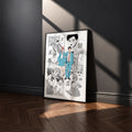 Taiki Inomata and Hina Chono manga poster inspired by Blue Box in a black frame against a charcoal gray wall