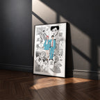 Taiki Inomata and Hina Chono manga poster inspired by Blue Box in a black frame against a charcoal gray wall