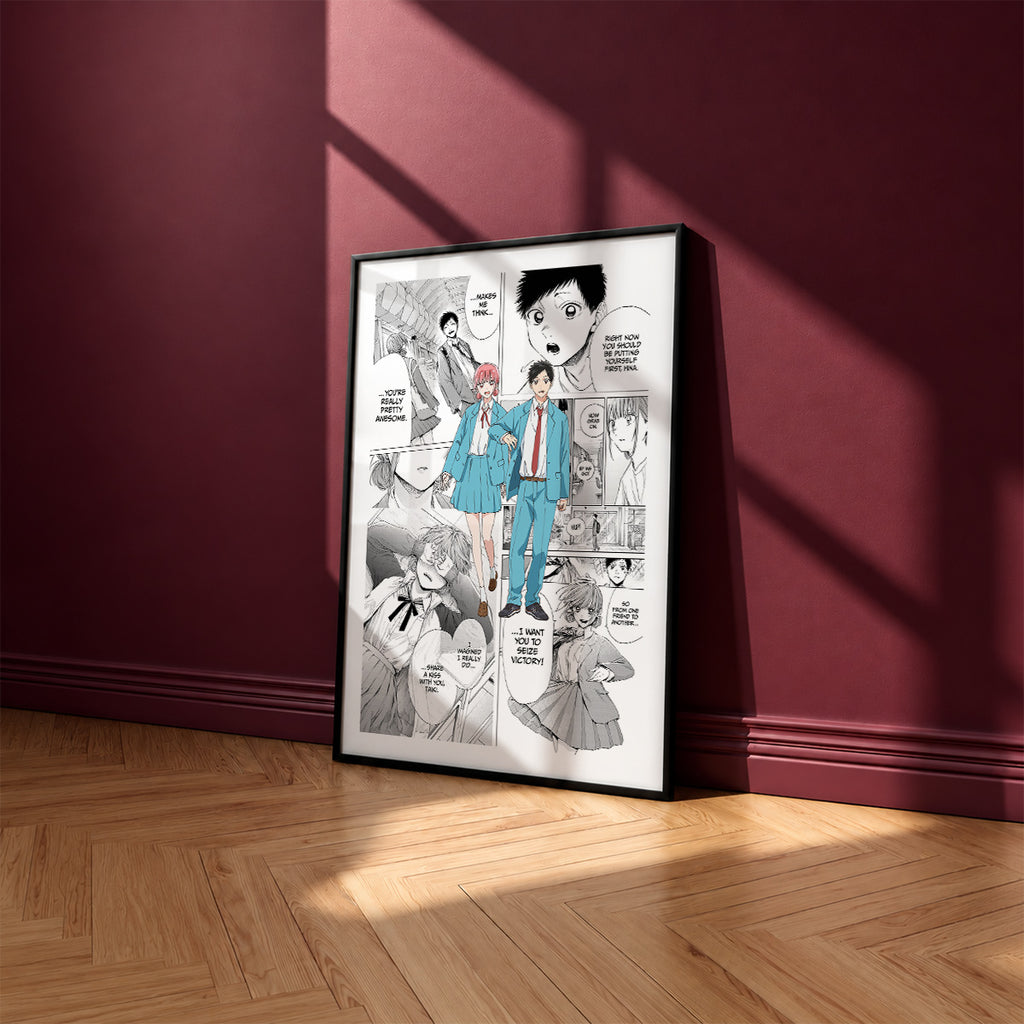 Taiki Inomata and Hina Chono manga poster inspired by Blue Box in a black frame against a burgundy wall