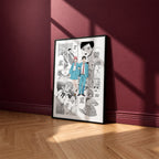 Taiki Inomata and Hina Chono manga poster inspired by Blue Box in a black frame against a burgundy wall