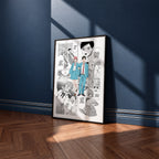 Taiki Inomata and Hina Chono manga poster inspired by Blue Box in a black frame against a navy blue wall