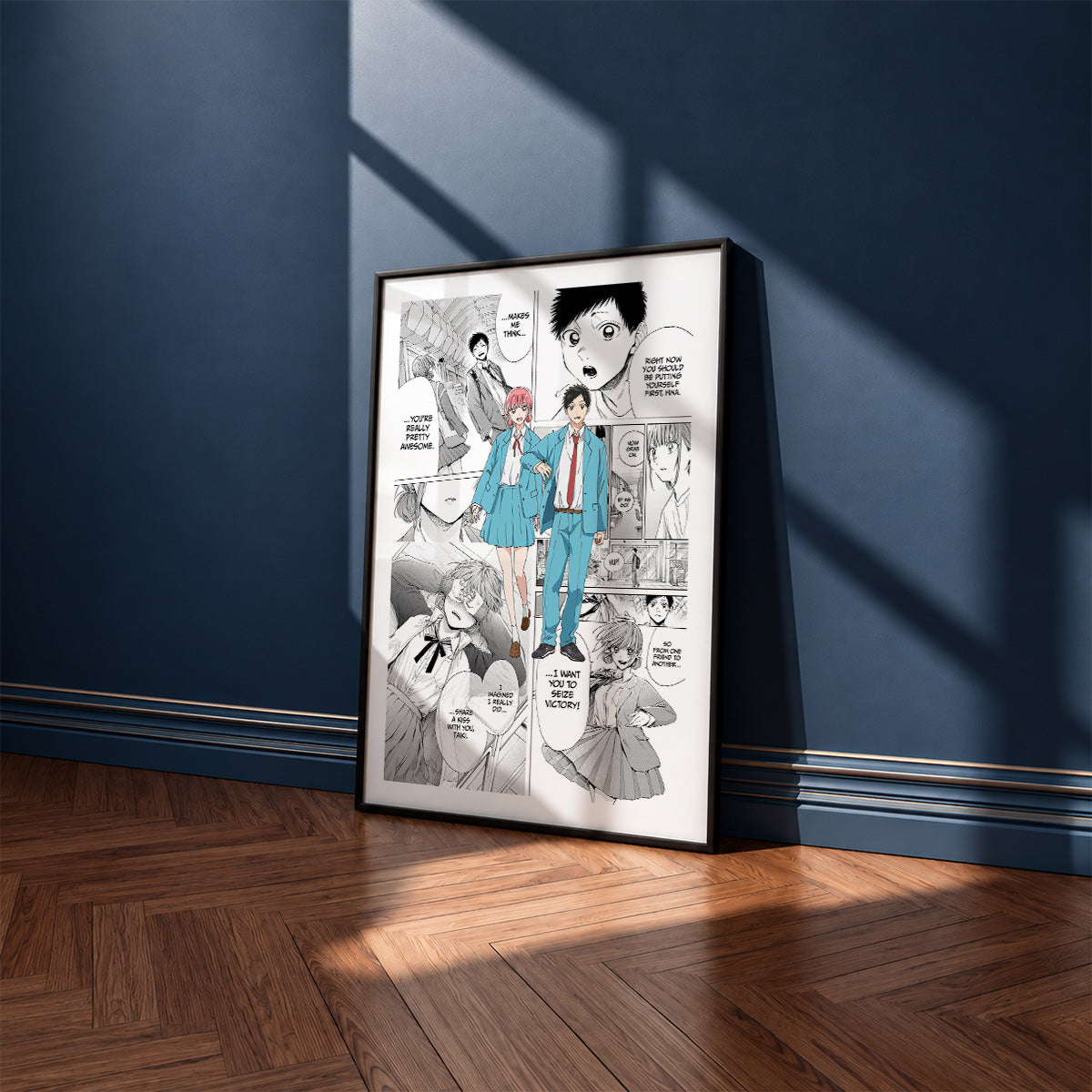 Taiki Inomata and Hina Chono manga poster inspired by Blue Box in a black frame against a navy blue wall