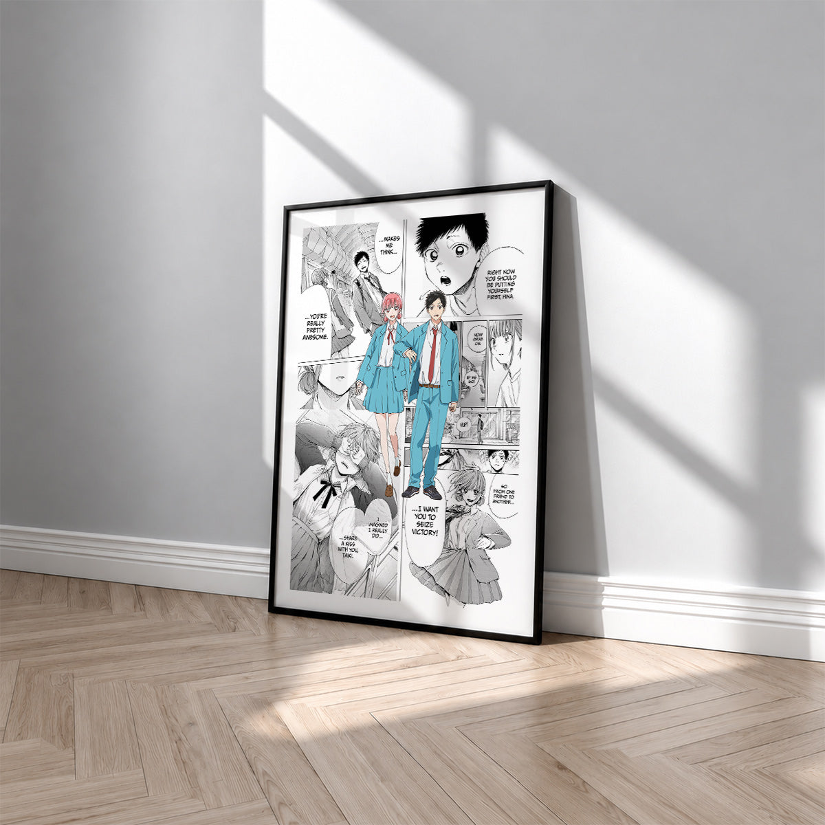Taiki Inomata and Hina Chono manga poster inspired by Blue Box in a black frame against a light gray wall