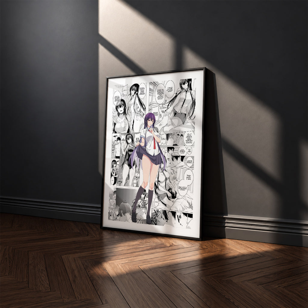 Takane Takamine manga poster inspired by Please Put Them On, Takamine-san! in a black frame against a charcoal gray wall