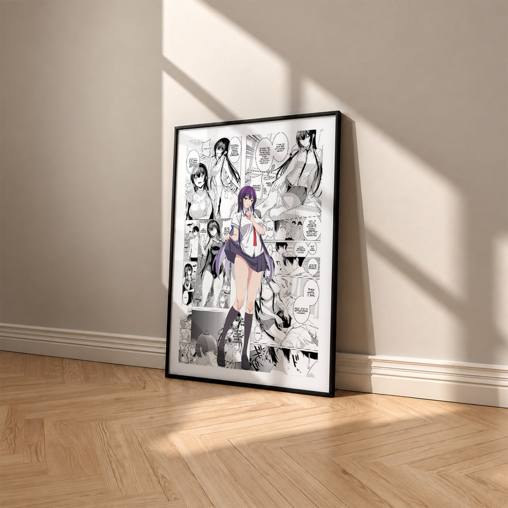Takane Takamine manga poster inspired by Please Put Them On, Takamine-san! in a black frame against a warm beige wall
