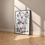 Takane Takamine manga poster inspired by Please Put Them On, Takamine-san! in a black frame against a warm beige wall