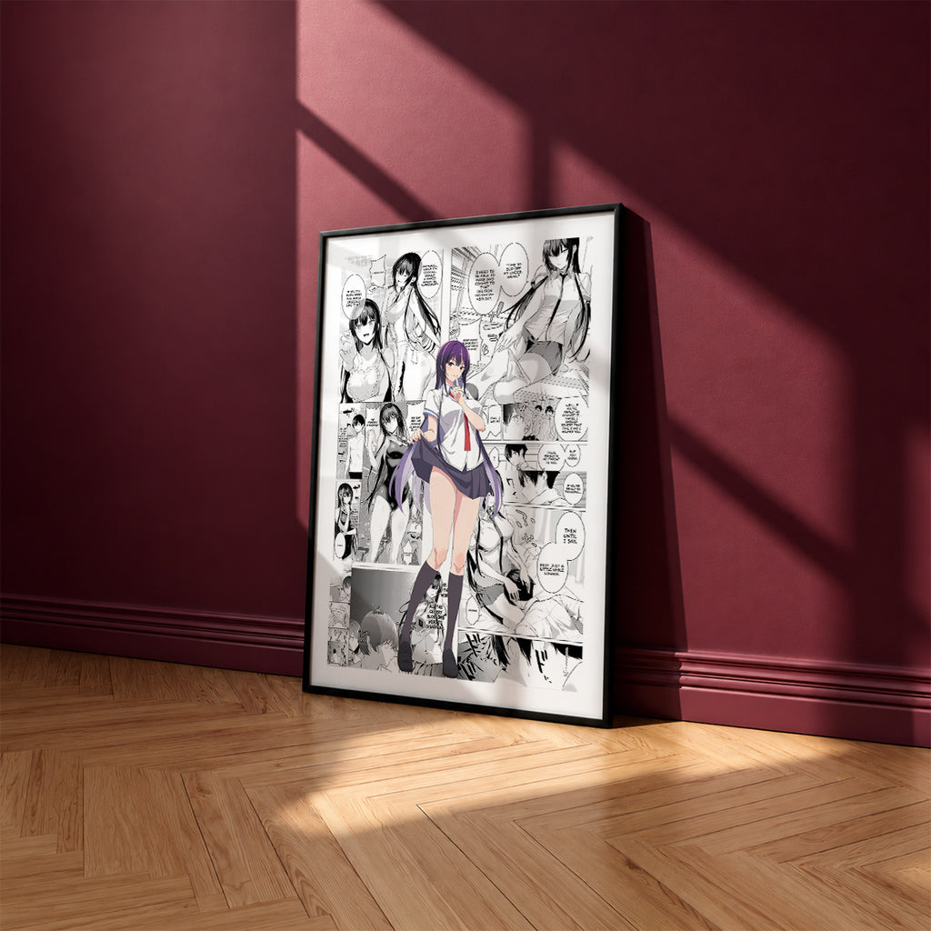 Takane Takamine manga poster inspired by Please Put Them On, Takamine-san! in a black frame against a burgundy wall