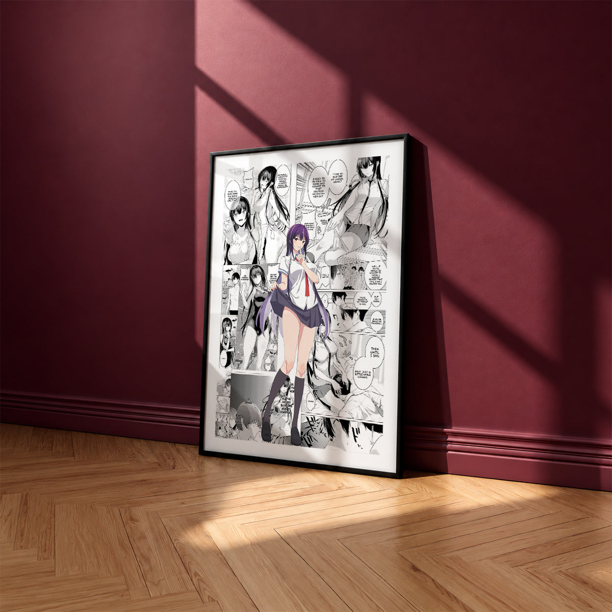 Takane Takamine manga poster inspired by Please Put Them On, Takamine-san! in a black frame against a burgundy wall