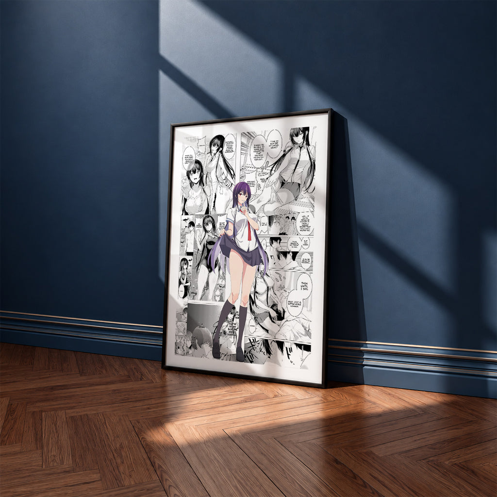 Takane Takamine manga poster inspired by Please Put Them On, Takamine-san! in a black frame against a navy blue wall