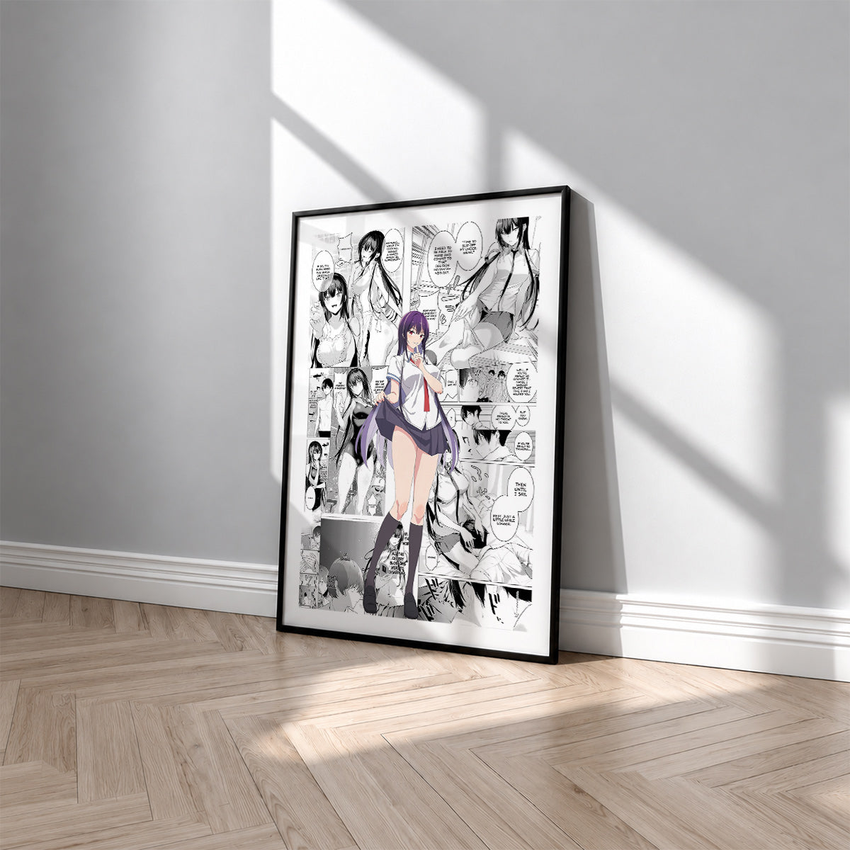 Takane Takamine manga poster inspired by Please Put Them On, Takamine-san! in a black frame against a light gray wall