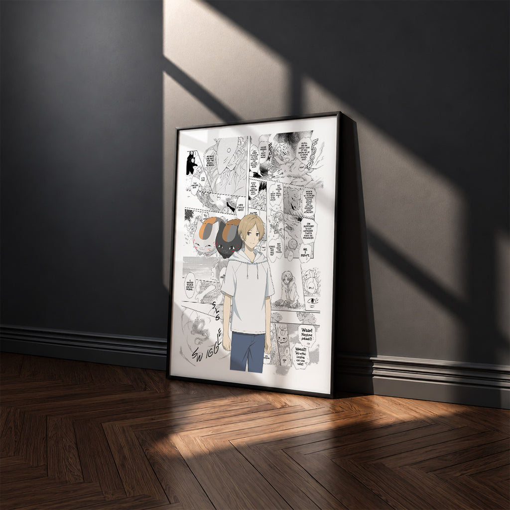 Takashi Natsume manga poster inspired by Natsume's Book of Friends in a black frame against a charcoal gray wall