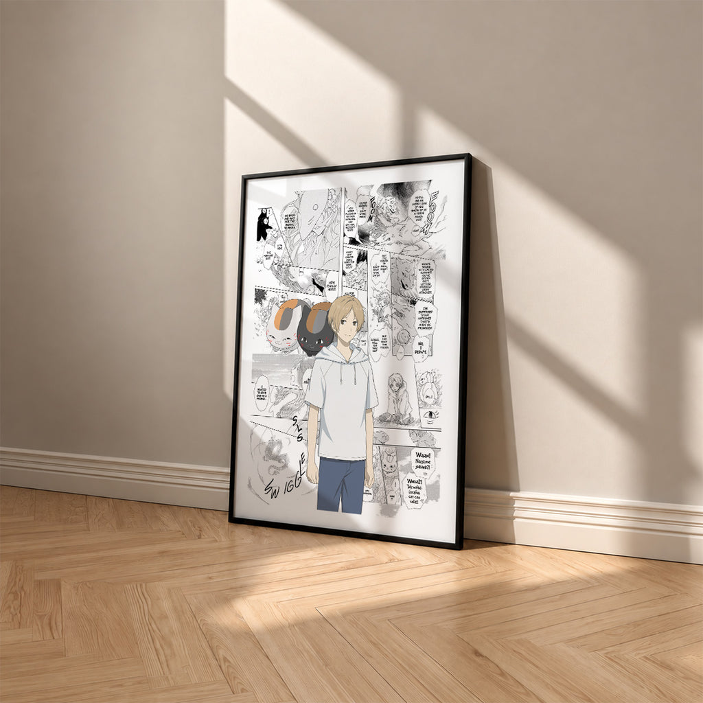 Takashi Natsume manga poster inspired by Natsume's Book of Friends in a black frame against a warm beige wall