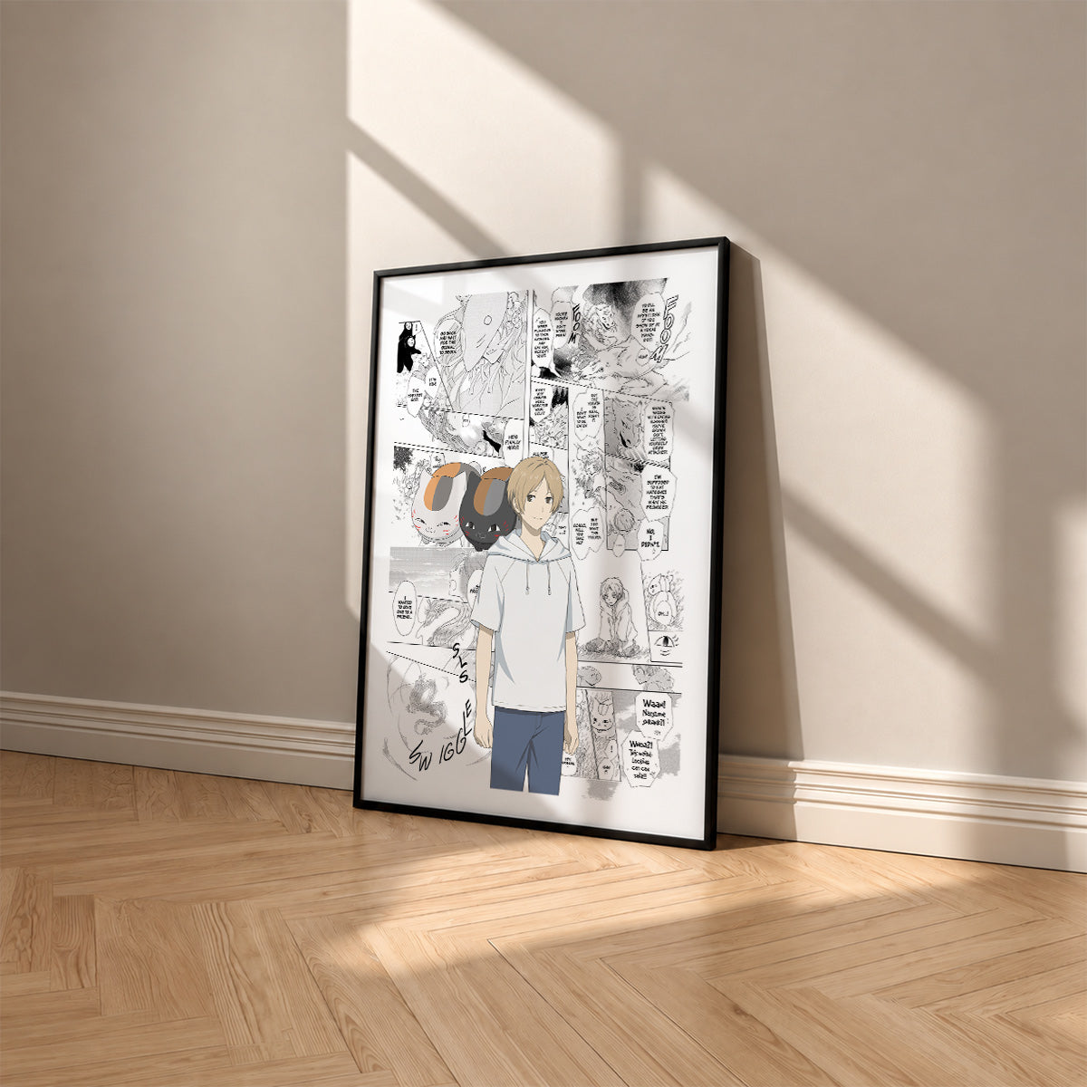 Takashi Natsume manga poster inspired by Natsume's Book of Friends in a black frame against a warm beige wall