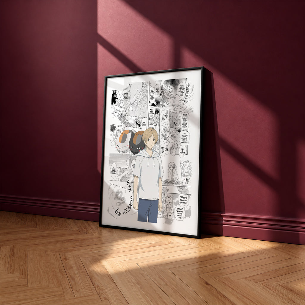 Takashi Natsume manga poster inspired by Natsume's Book of Friends in a black frame against a burgundy wall