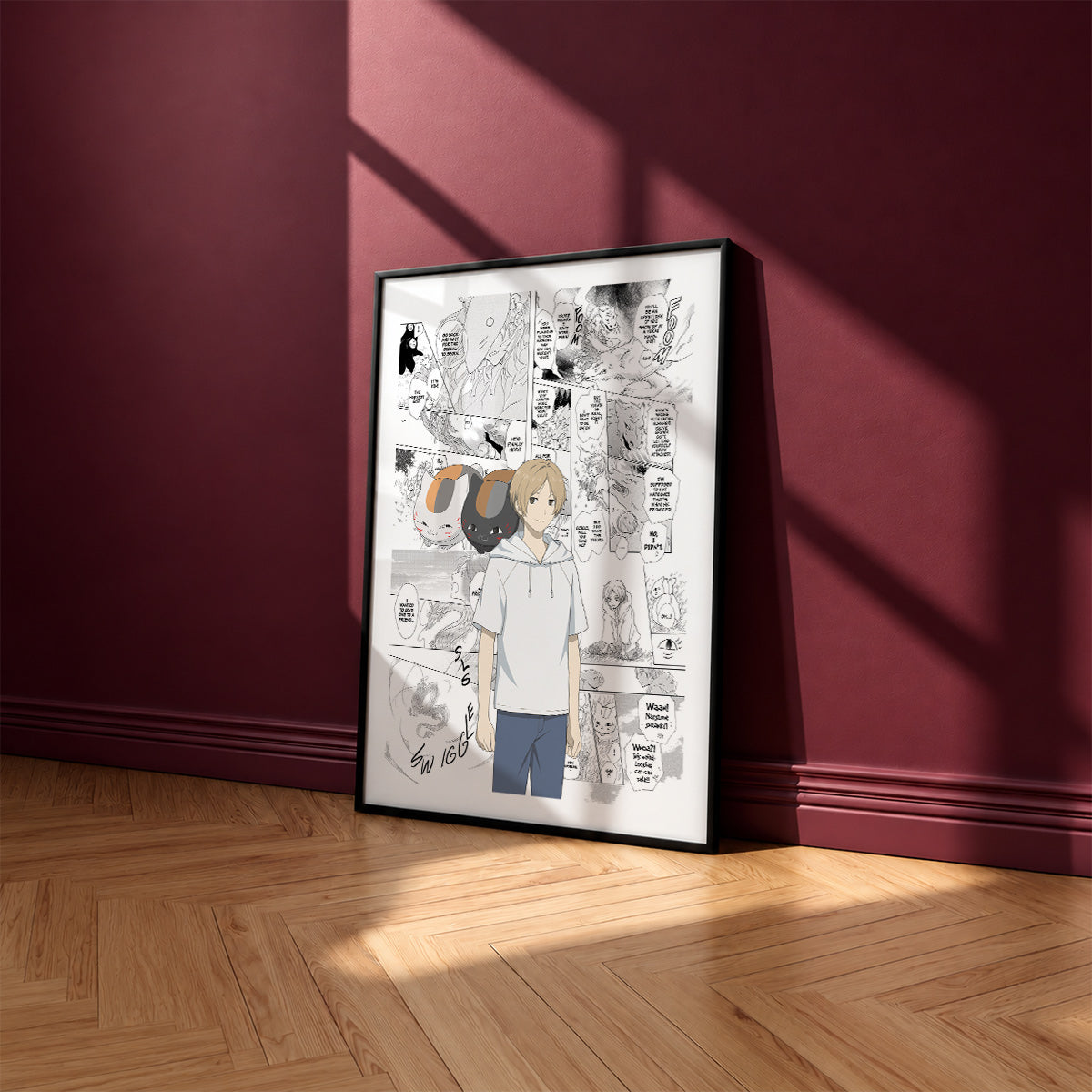 Takashi Natsume manga poster inspired by Natsume's Book of Friends in a black frame against a burgundy wall