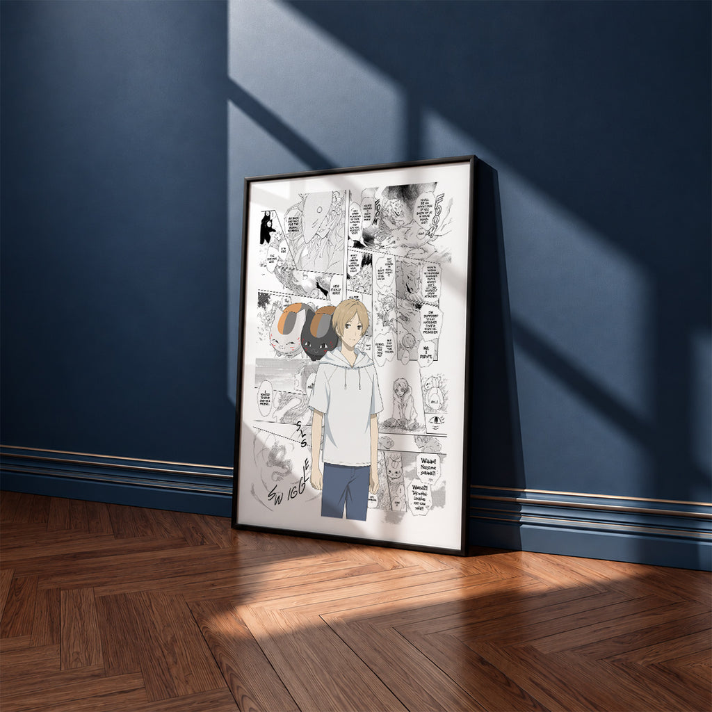 Takashi Natsume manga poster inspired by Natsume's Book of Friends in a black frame against a navy blue wall