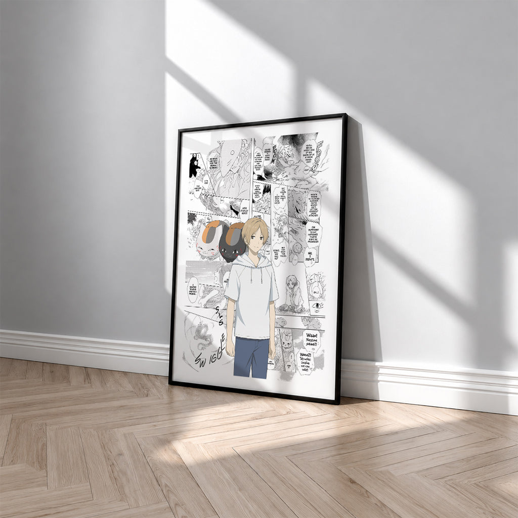 Takashi Natsume manga poster inspired by Natsume's Book of Friends in a black frame against a light gray wall