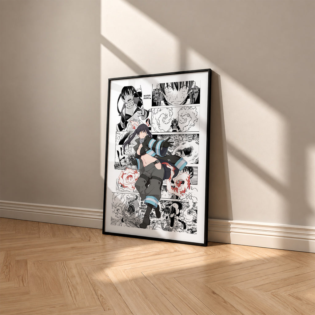 Tamaki Kotatsu manga poster inspired by Fire Force in a black frame against a warm beige wall