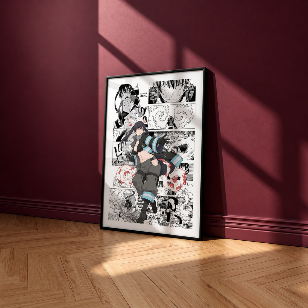 Tamaki Kotatsu manga poster inspired by Fire Force in a black frame against a burgundy wall