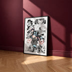 Tamaki Kotatsu manga poster inspired by Fire Force in a black frame against a burgundy wall