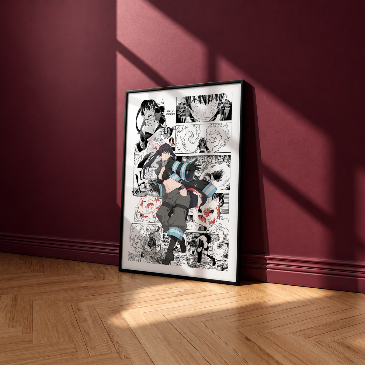 Tamaki Kotatsu manga poster inspired by Fire Force in a black frame against a burgundy wall