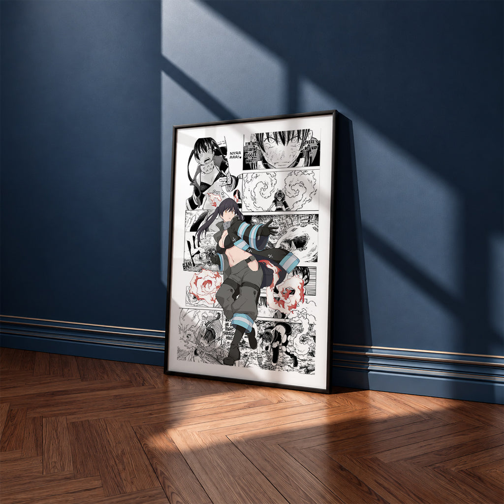 Tamaki Kotatsu manga poster inspired by Fire Force in a black frame against a navy blue wall