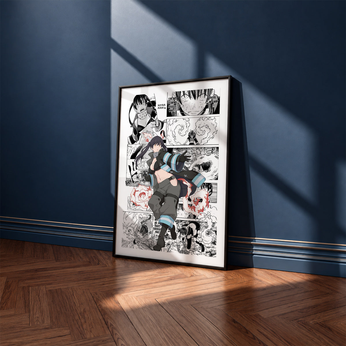 Tamaki Kotatsu manga poster inspired by Fire Force in a black frame against a navy blue wall
