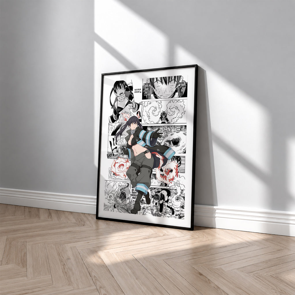 Tamaki Kotatsu manga poster inspired by Fire Force in a black frame against a light gray wall