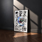 Tanjiro Kamado manga poster inspired by Demon Slayer in a black frame against a charcoal gray wall