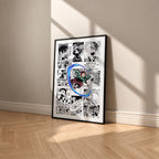 Tanjiro Kamado manga poster inspired by Demon Slayer in a black frame against a warm beige wall