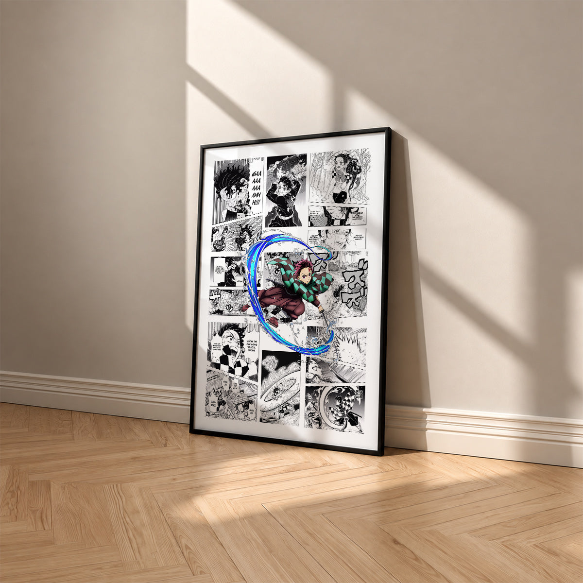 Tanjiro Kamado manga poster inspired by Demon Slayer in a black frame against a warm beige wall