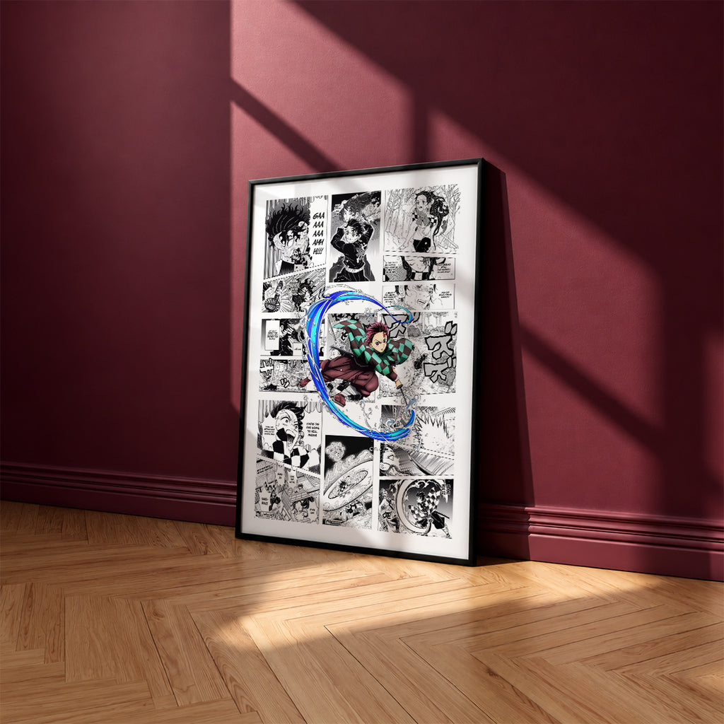 Tanjiro Kamado manga poster inspired by Demon Slayer in a black frame against a burgundy wall