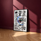 Tanjiro Kamado manga poster inspired by Demon Slayer in a black frame against a burgundy wall