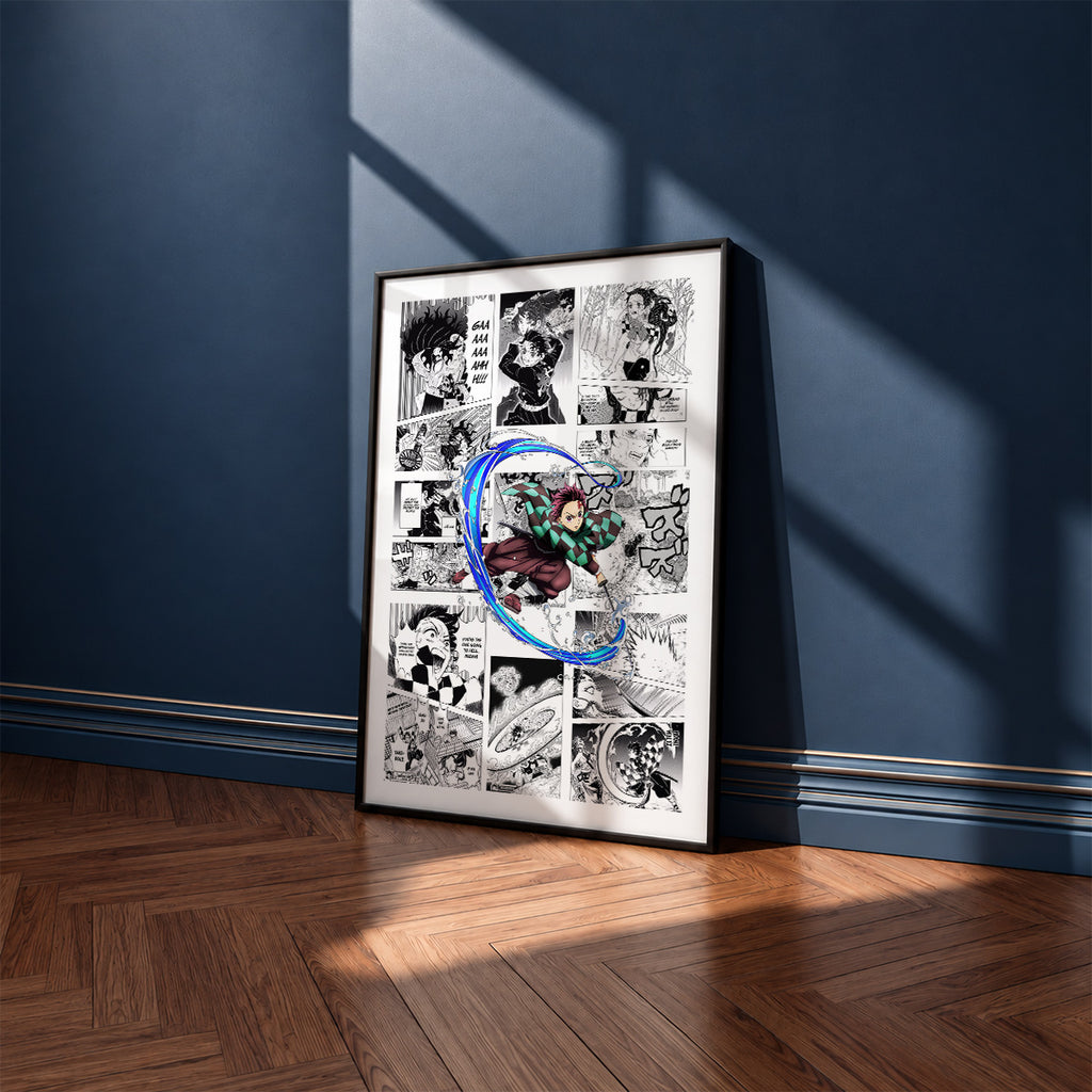 Tanjiro Kamado manga poster inspired by Demon Slayer in a black frame against a navy blue wall