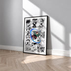 Tanjiro Kamado manga poster inspired by Demon Slayer in a black frame against a light gray wall