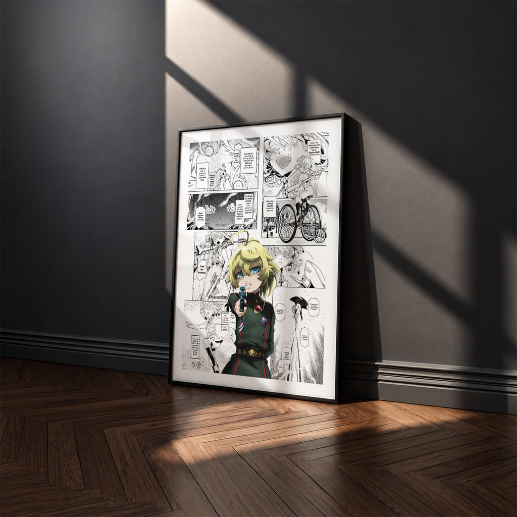 Tanya Degurechaff manga poster inspired by The Saga of Tanya the Evil in a black frame against a charcoal gray wall