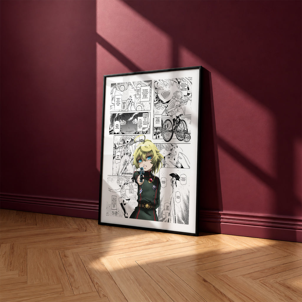 Tanya Degurechaff manga poster inspired by The Saga of Tanya the Evil in a black frame against a burgundy wall