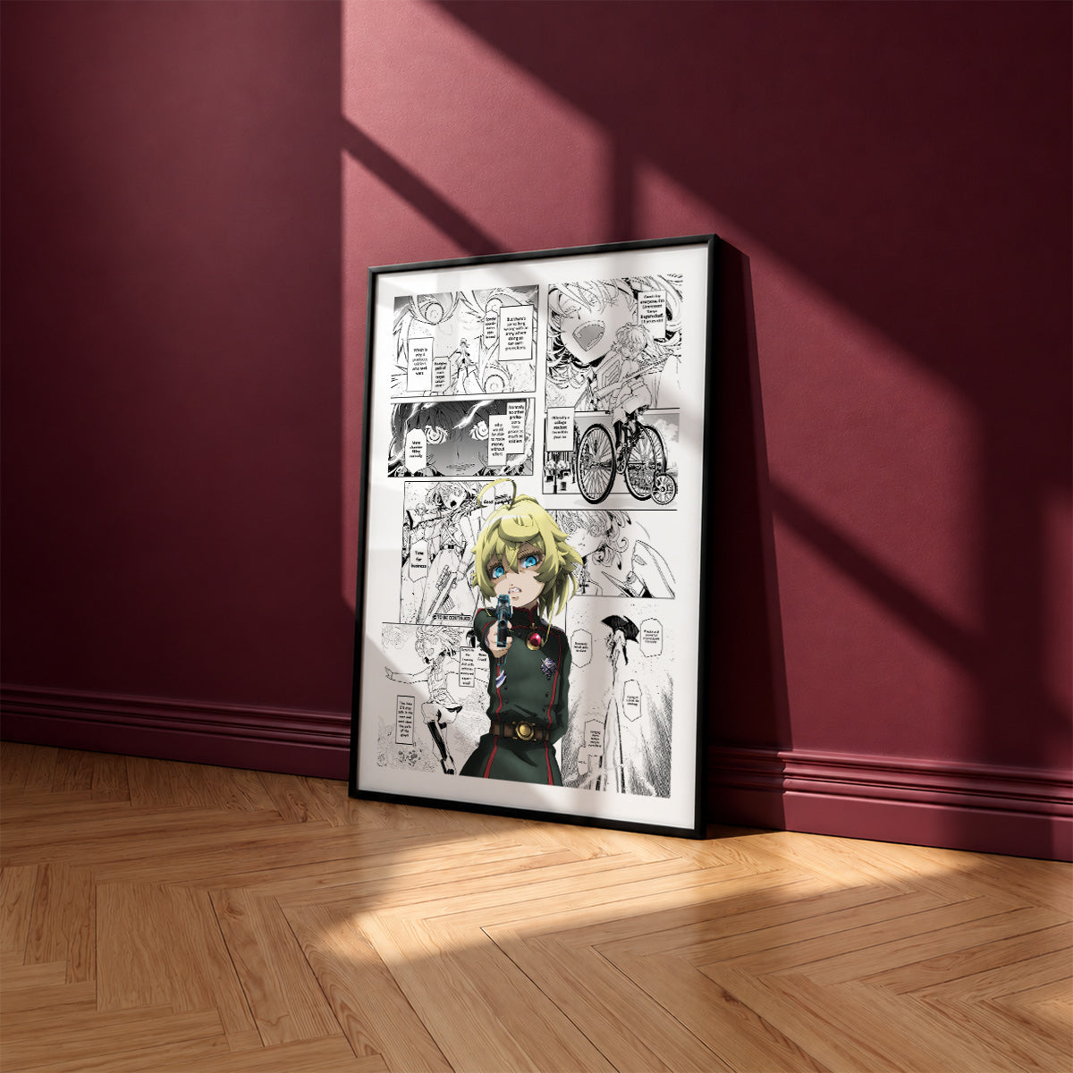 Tanya Degurechaff manga poster inspired by The Saga of Tanya the Evil in a black frame against a burgundy wall