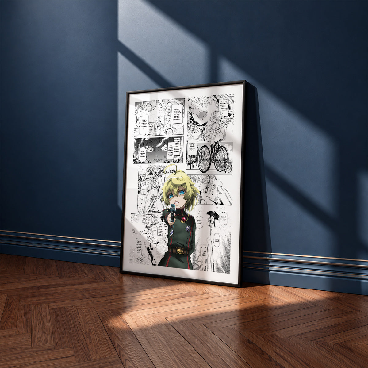 Tanya Degurechaff manga poster inspired by The Saga of Tanya the Evil in a black frame against a navy blue wall