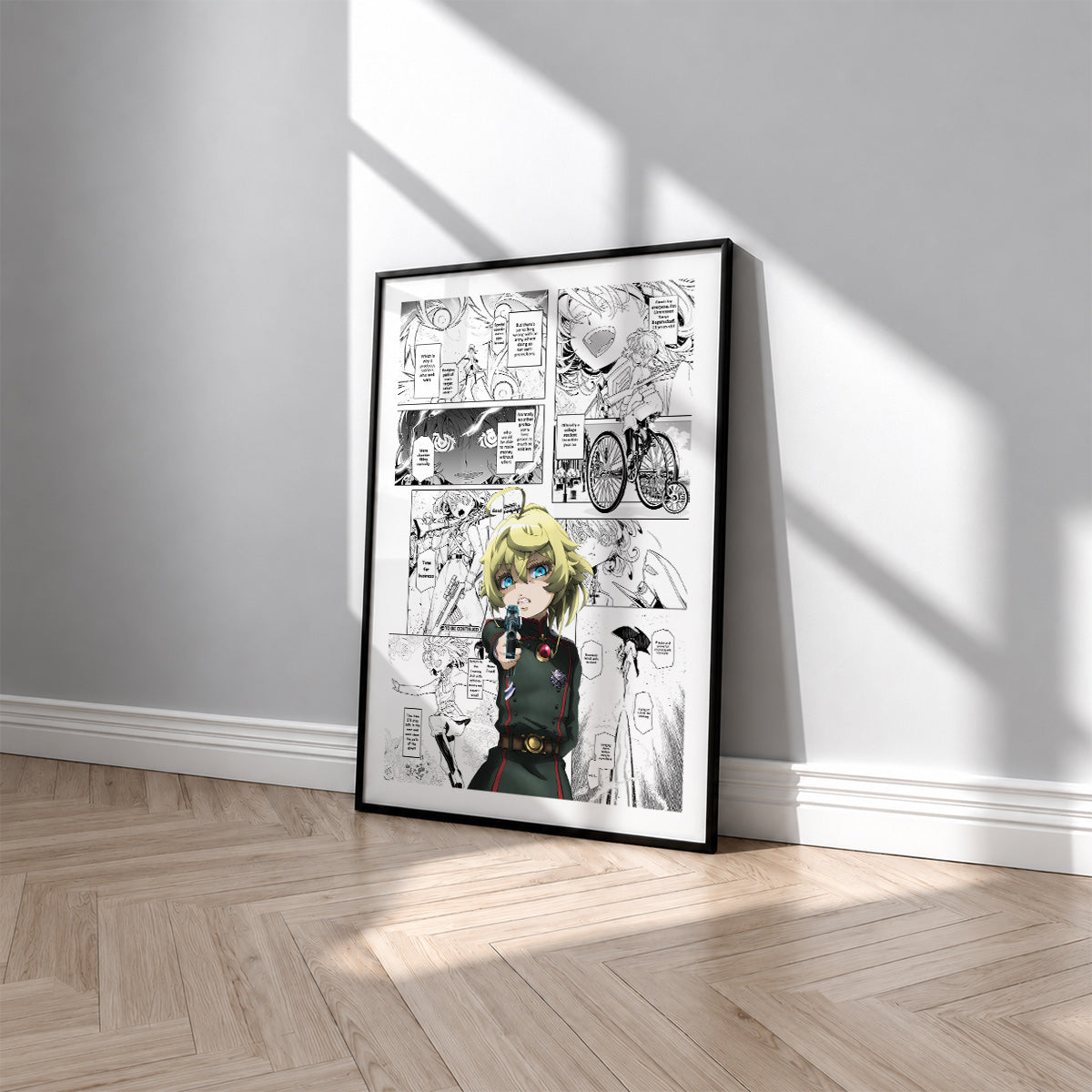 Tanya Degurechaff manga poster inspired by The Saga of Tanya the Evil in a black frame against a light gray wall