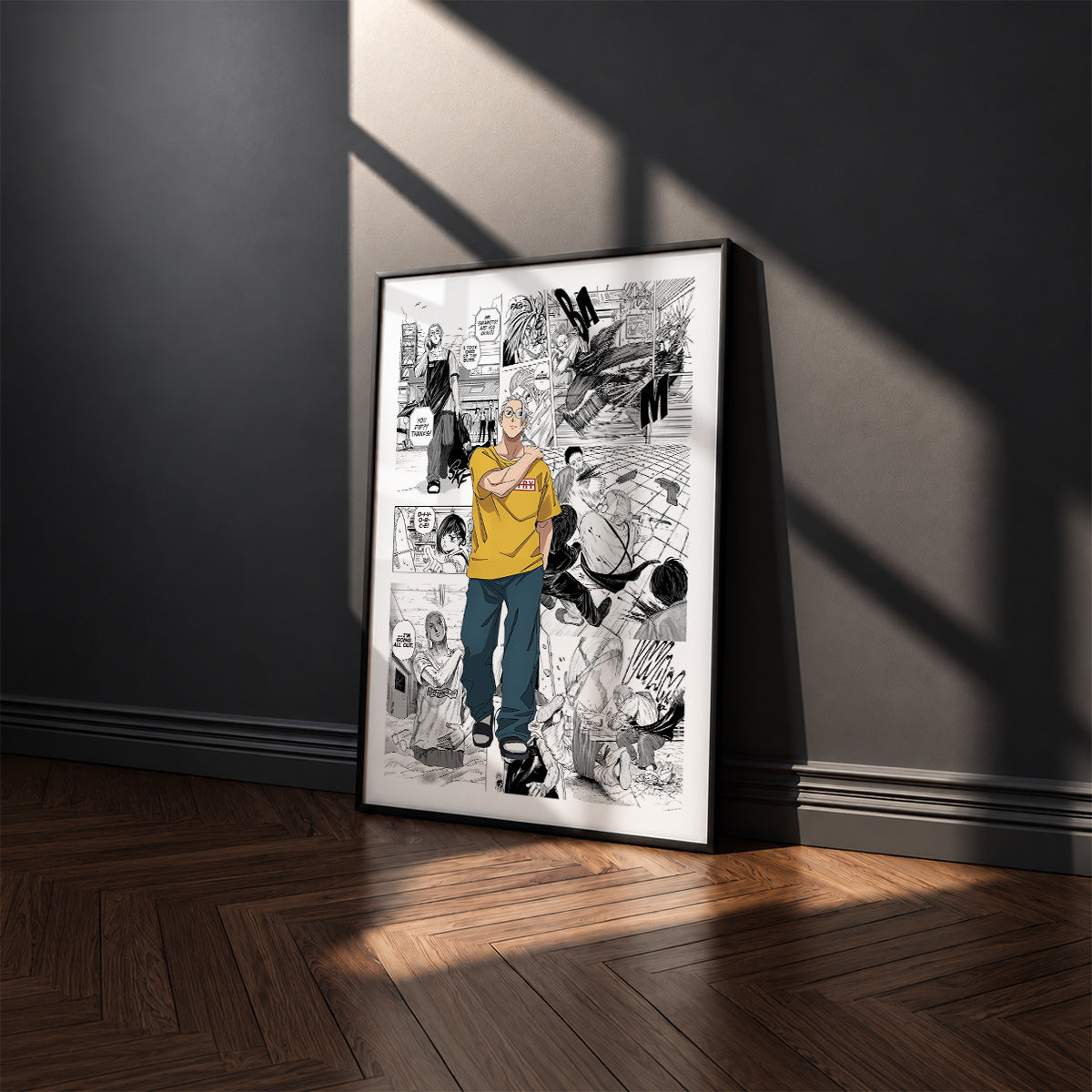 Taro Sakamoto manga poster inspired by Sakamoto Days in a black frame against a charcoal gray wall