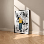Taro Sakamoto manga poster inspired by Sakamoto Days in a black frame against a warm beige wall