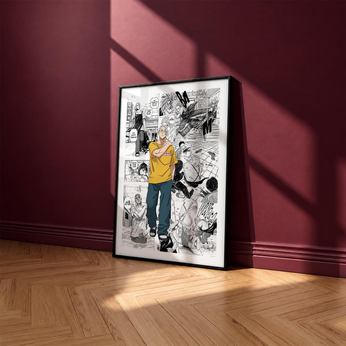 Taro Sakamoto manga poster inspired by Sakamoto Days in a black frame against a burgundy wall