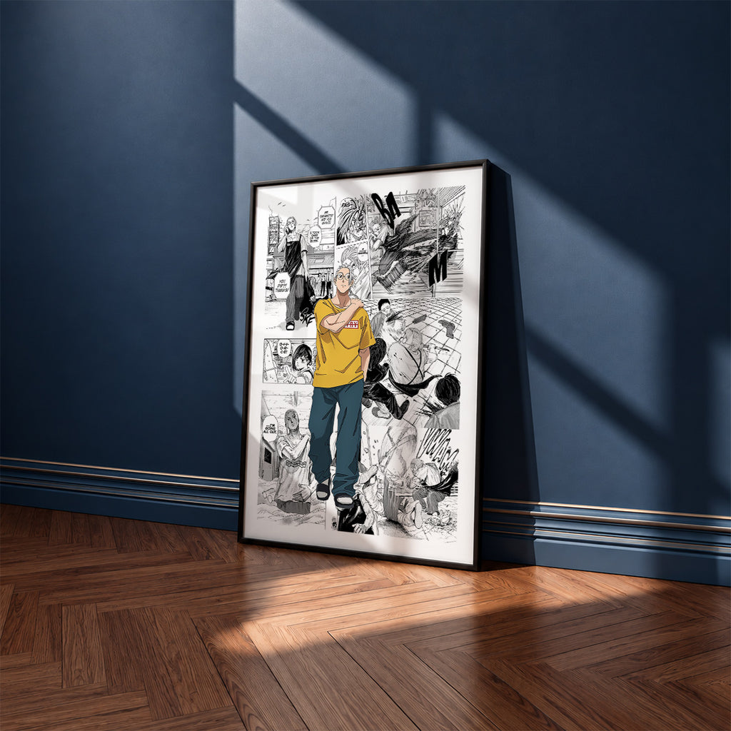 Taro Sakamoto manga poster inspired by Sakamoto Days in a black frame against a navy blue wall